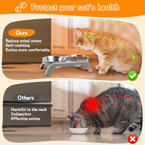 Elevated Cat Bowls - Anti-Vomiting Raised Cat Bowl Stand with 2 Thick Stainless Steel Cat Bowls Non-Slip for Small Medium Indoor Cats & Puppies, D...