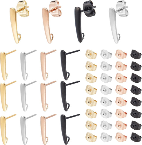 PH PandaHall Stud Earring with Loop, 32pcs(16 Pairs) 4 Colors 304 Stainless Steel Earring Post Ear Studs Findings with 32pcs Butterfly Ear Nuts fo...