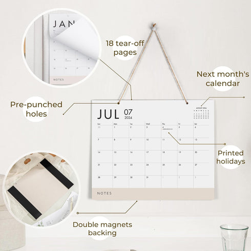 Elegant White & Beige Magnetic Calendar for Fridge April 2024 - September 2025 | Large 13.5x11 Inches 18-Month Fridge Calendar Magnet for Contempo...