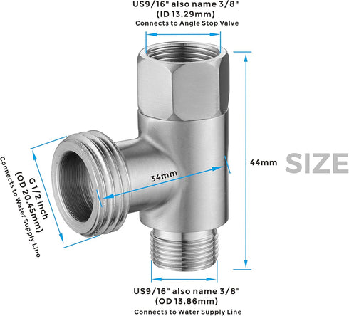 3/8 x 1/2 Adapter T Connector Valve, ADD-A-Tee Adapter 3 Way Valve 3/8 Tee Compression, Stainless Steel Splitting Water Supply T Pipe Fitting for ...