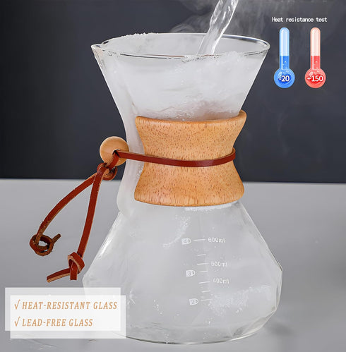 Pour Over Coffee Maker with Reusable Stainless Steel Drip Filter, Lead-Free Borosilicate Glass Coffee Carafe with Modern Wooden Collar for 1-2Cup,...