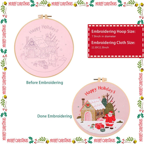 4 Sets Christmas Embroidery Starter Kit with Pattern for Beginners, Embroidery Kits with Christmas Pattern, Cross Stitch Set with 4 Plastic Embroi...