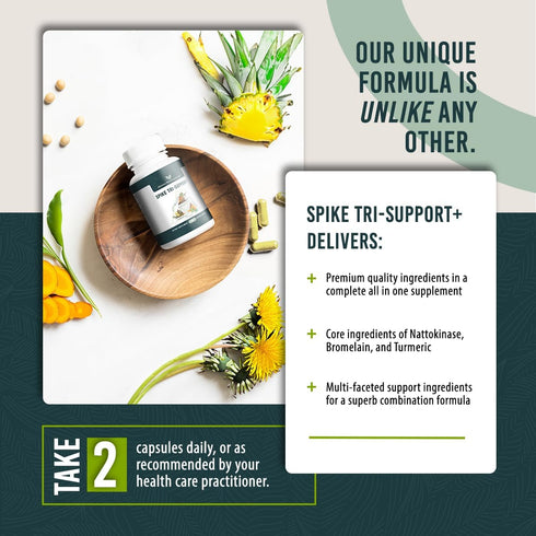 Spike Tri-Support+ with Nattokinase, Bromelain, and Turmeric - includes Dandelion Extract, Black Seed Extract, Green Tea Leaf, Selenium for A Full...