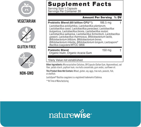 NatureWise Probiotics 60 Billion CFU - 17 Strains + Organic Prebiotics - Immune, Digestive & Gut Health Probiotics for Women & Men - Vegetarian, G...