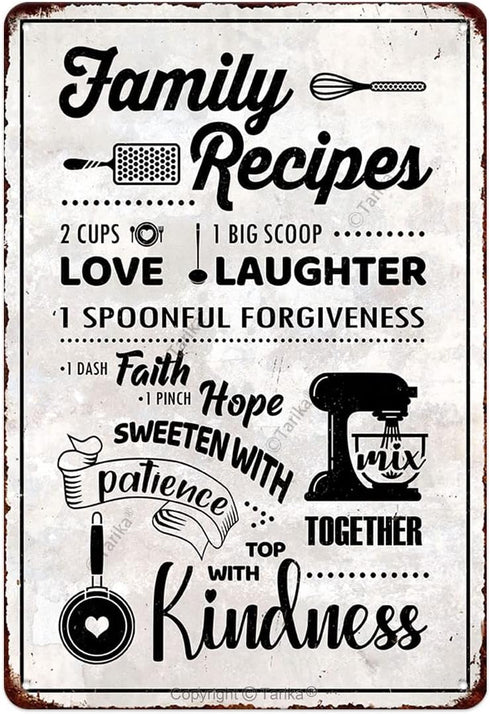 Family Recipes Love Laughter Forgiveness Faith Hope Patience Kindness White Background Metal Sign Home Kitchen Farmhouse Dinig Room Retro Art Wall...