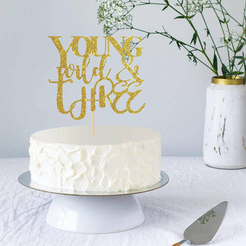 WeBenison Young Wild & Three Cake Topper for Happy 3rd Birthday,Boy or Girl Third Birthday Party Decorations Gold Glitter...