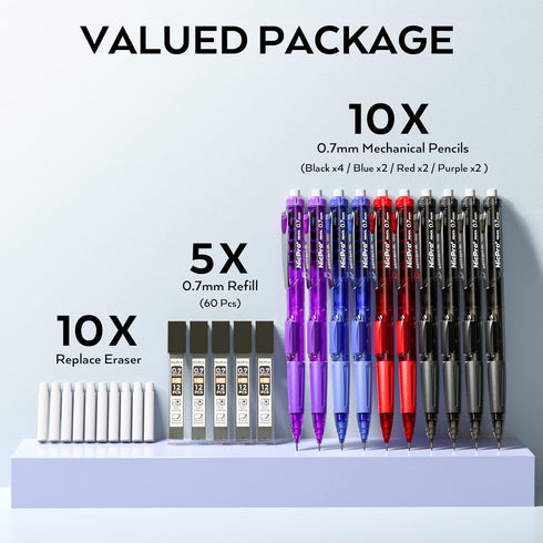 Nicpro 0.7 mm Art Mechanical Pencil Bulk Set, 10 PCS Colored Rotate-Erase & Fast Click Lead Pencils with 5 Tubes HB Lead Refills, 10 Eraser Refill...