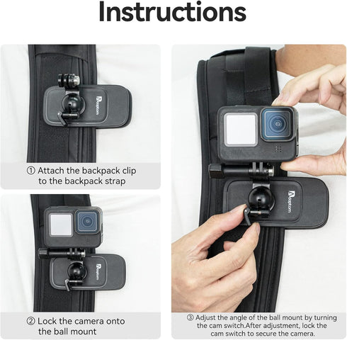 360° Swivel Backpack Clip Mount w Phone Holder, Bag Belt Shoulder Strap Body Attach Accessory for GoPro Max Hero 12 11 10 9 8 7 6 5, Insta360 X3 G...
