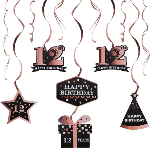 LINGTEER Happy 12th Birthday Decorations - 12Pcs Birthday Black & Rose Gold Swirls Streamer Set,Cheers to Twelve Years Old Bday Party Decorations ...