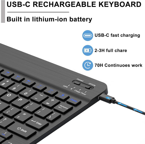 Bluetooth Keyboard for iPad 5th~10th gen, iPad Air (M2 2024, 5th/4th gen), iPad Pro 11-in, Samsung Galaxy Tablet, Xiaomi, Wireless Design, USB-C R...
