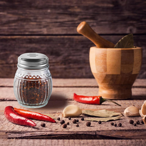 Cheese and Pepper Shakers Set of 2, 6oz Glass Spice Shakers with Stainless Steel Perforated and Slotted Top (Clear)...