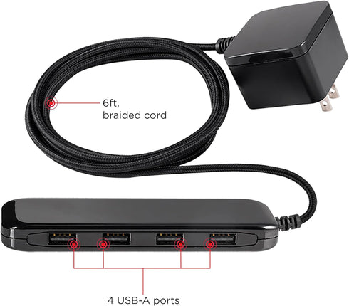 UltraPro Wall Charger, 4 Port USB Charger, 6 Ft Cord, Multi USB Charger Station, Black, 54734......