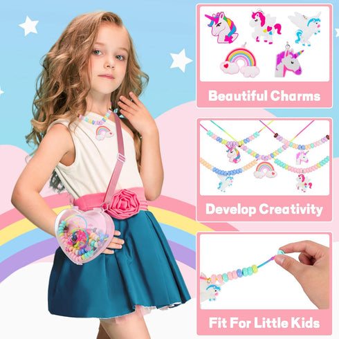 FLYINGSEEDS Unicorn Jewelry Making Kit, 5 Rubber Necklaces and Charms with 100 Big Holes Beads Toy Set, Beading Arts and Crafts, Ideal Gifts for G...