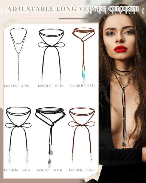 Sureio 6 Pcs Women Black Leather Velvet Long Choker Gothic Boho Brown Wrap Velvet Choker Long Chain Tassels Modern Choker with Velvet Bag for Girl...