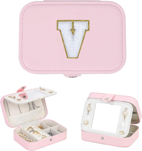 FUNARTY Travel Jewelry Box Organizer, Pink Jewelry Case Initial Jewelry Boxes Jewelry Organizer Travel Essentials Birthday Gifts for Women Teen Gi...