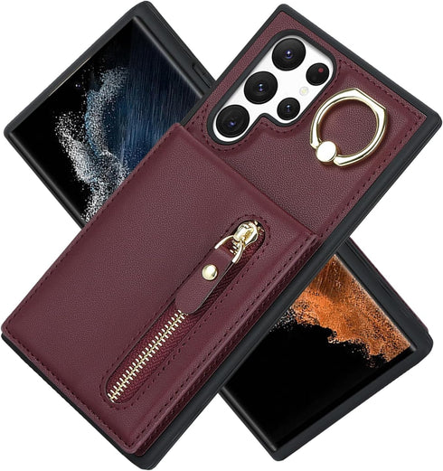Jaorty for Samsung Galaxy S22 Ultra Phone Case with Card Holder,Galaxy S22 Ultra Case for Women with Credit ID Card Slot,360 Rotation Ring Kicksta...