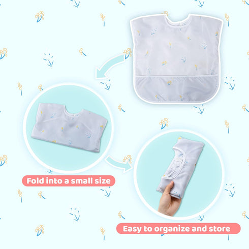 Little Dimsum Toddler Feeding Smocks Baby Waterproof Bib with Crumb Catcher Pocket Short Sleeve Adjustable Baby Bib, Pack of 2 Colors Flower Sets...