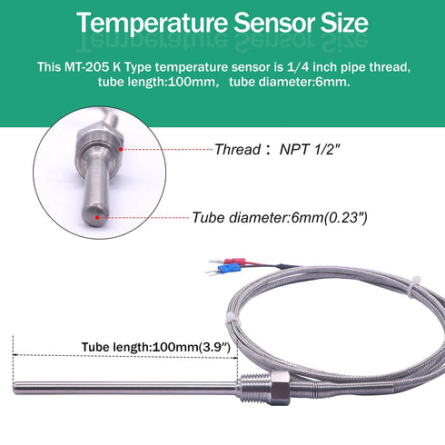 Twidec/2M NPT 1/4"inch (6X100MM) Pipe Thread Temperature Sensor Probe Two Wire Temperature Controller (0~600?) 304 Stainless Steel K Type Thermoco...