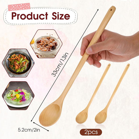 2 Pieces Wooden Cooking Spoons Bamboo Cooking Spoon Non Stick Cookware Serving Spoon Kitchen Utensils Long Handle Wood Spoon for Stirring, Flippin...