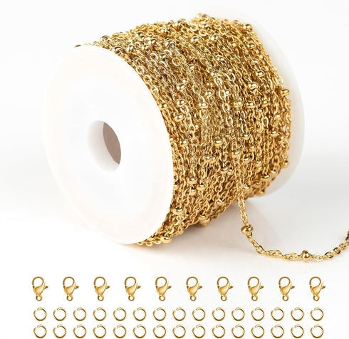 Kyutong 10M Gold Stainless Steel Jewelry Chain in Bulk Beaded Cable Link Chain Roll with Jump Rings and Lobster Clasps for DIY Jewelry Making Supp...