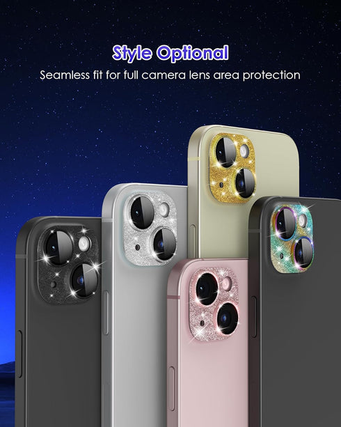 for iPhone 15 Plus/iPhone 15 Camera Lens Protector Glitter Plus Aluminium Alloy Ring 9H Tempered Glass Screen Case Friendly Camera Cover for iPhon...