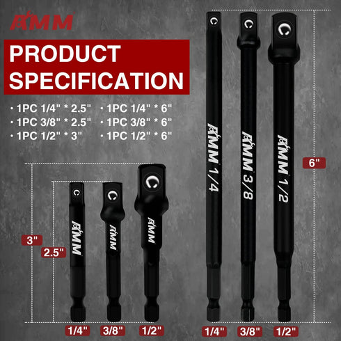 AMM 6-Piece Impact Grade Socket Adapter Set, 3-Inch & 6-Inch Power Drill Socket Driver Adaptor, 1/4", 3/8", 1/2" Hex Shank Adapt Your Power Drill ...