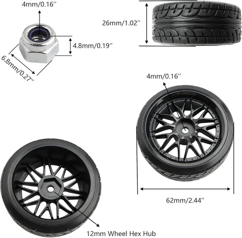 4PCS 12mm Hub Wheels,1:10 62mm Hard Plastic RC Drift Cars On Road Touring Racing Rally Tires for Traxxas HSP Tamiya HPI Kyosho On-Road Drifting Ca...