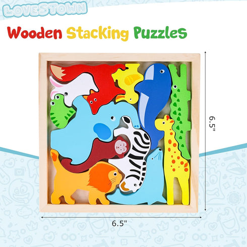 LovesTown 12PCS Wooden Stacking Puzzles, Animal Chunky Jigsaw Puzzles Educational Toys for Kids Gift...