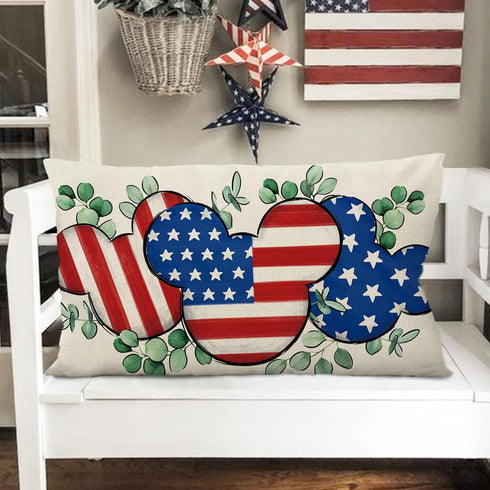 4th of July Cartoon Mouse Patriotic Lumbar Decorative Throw Pillow Cover 12 x 20, Rectangular America USA Eucalyptus Leaves Outdoor Home Decor, Am...