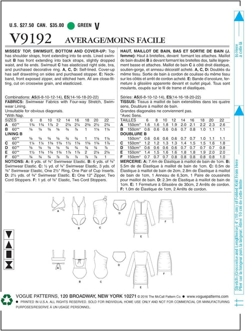 Vogue Patterns Casual Misses' Wrap-Top Bikini, One-Piece Swimsuits, and Cover-Ups Size A5 (6-8-10-12-14) Green...