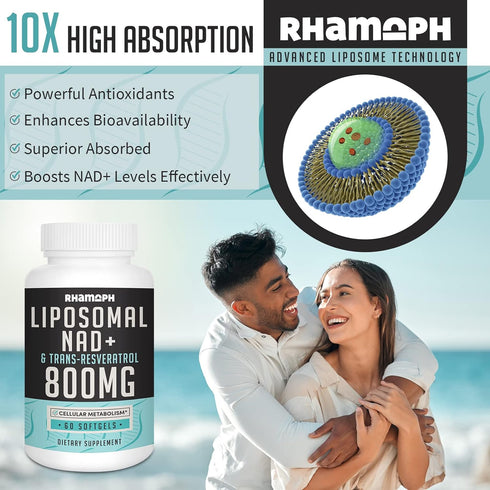 Liposomal NAD+ 800 mg with Trans-Resveratrol 300 mg, Max Absorption, Actual NAD+ Boosting Supplement for Healthy Aging, Cellular Energy, DNA Repai...