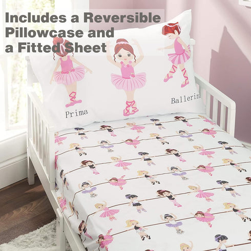 EVERYDAY KIDS Toddler Fitted Sheet and Pillowcase Set -Born to Dance Ballerina- Soft Microfiber, Breathable and Hypoallergenic Toddler Sheet Set...