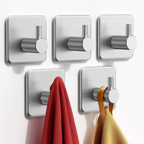 Adhesive Hooks Heavy Duty 22lb(Max) Wall Hooks, 5 Pack Self Adhesive Damage Free Utility Hooks Stainless Steel for Towel Coat Robe, Waterproof Oil...