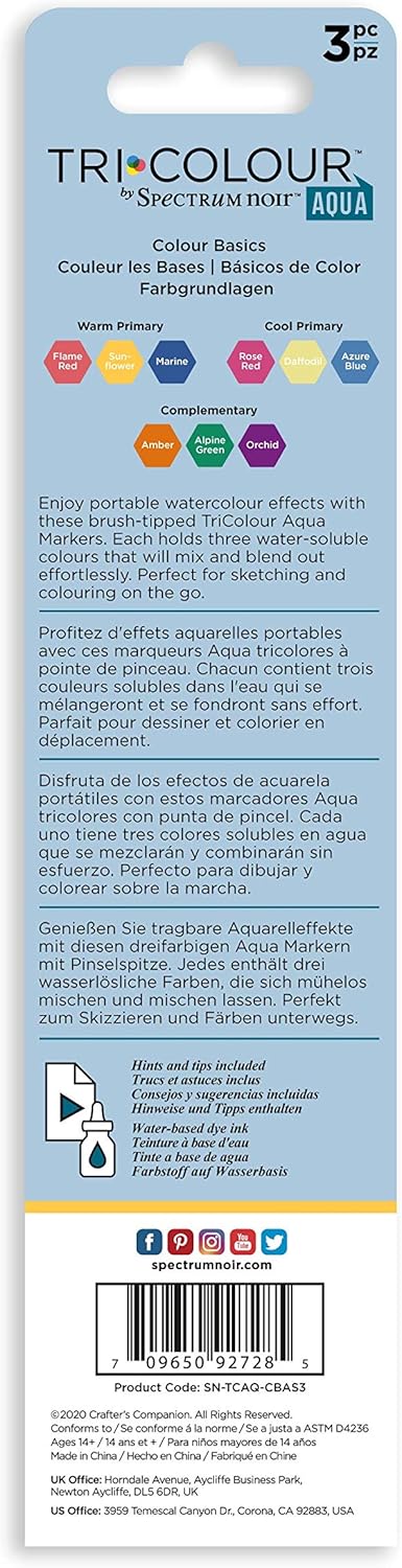 Spectrum Noir TriColour Brush Nib Watercolour Markers Colouring Pack of 3 - Unique 3-in-1 Blendable Colour Shade Effect - Colour Basics...