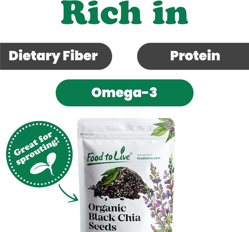 Food to Live - Organic Black Chia Seeds, 8 Ounces Non-GMO, Whole, Sproutable, Vegan, Kosher, Keto, Sirtfood, Bulk. Rich in Essential Fatty Acids, ...