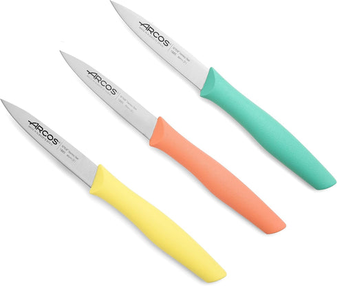 Arcos Paring Knife Set of 3 Pieces 4 Inch Stainless Steel. Colorful Kitchen Knives for Peeling Fruits and Vegetables. Ergonomic Polypropylene Hand...
