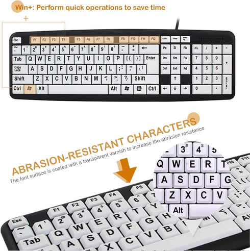 104 Keys Low Vision Elderly Keyboard, Large Font Print USB Wired Keyboard QWERTY Layout Old People Keyboard with White Large Print Keys Oversize L...