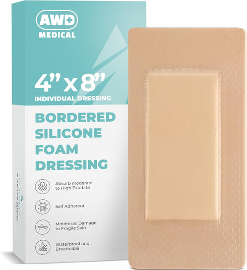 AWD Medical Bordered Silicone Foam Dressing - Waterproof Bedsore Silicone Bandages - Absorbent, Wound Dressing First Aid Bandage for Wound Care - ...