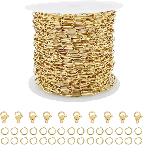 KEIAOUE 16.4 Feet Stainless Steel Paperclip Chains for Jewelry Making Gold Plated Bulk Bracelet Necklace Chain with Lobster Clasps and Jump Rings ...