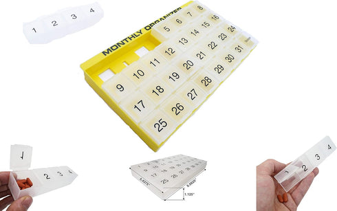 31 compartments, 1 per Day, 4 Week Monthly Pill Organizer by Promed. Includes Tray and 8 Removable compartments. (Yellow)...