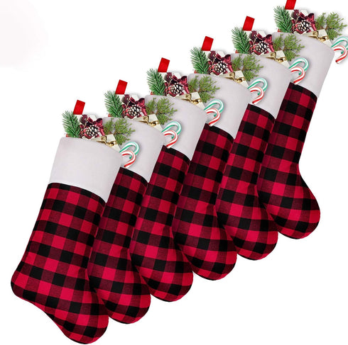 LimBridge Christmas Stockings, 6 Pack 18 inches Buffalo Plaid with Plush Cuff, Classic Stocking Decorations for Whole Family, Red and Black...