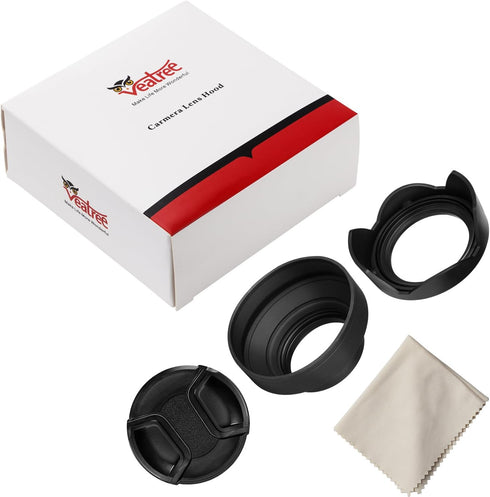 Veatree 67mm Lens Hood Set, Collapsible Rubber Lens Hood with Filter Thread + Reversible Tulip Flower Lens Hood + Center Pinch Lens Cap + Microfib...