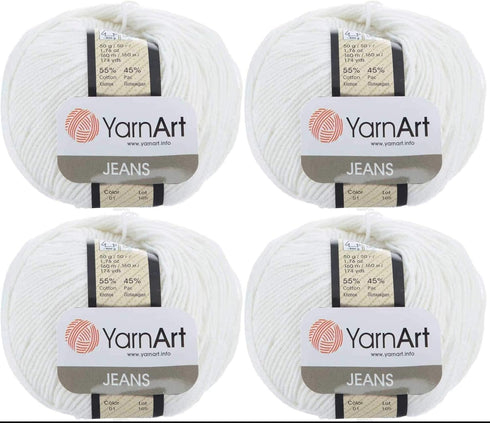 4 Skeins YarnArt Jeans 55% Cotton 45% Acrylic Yarn Blend Thread Crochet Hand Knitting Art Lot of 4skn 200 gr 696 yds (1-White)...