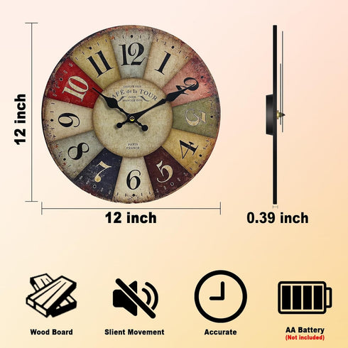 12 Inch Rustic Wall Clock Retro Silent Non Ticking Easy to Read Clock, Battery Operated Decorative Wall Clocks for Kitchen/Living Room/Bedroom/Far...