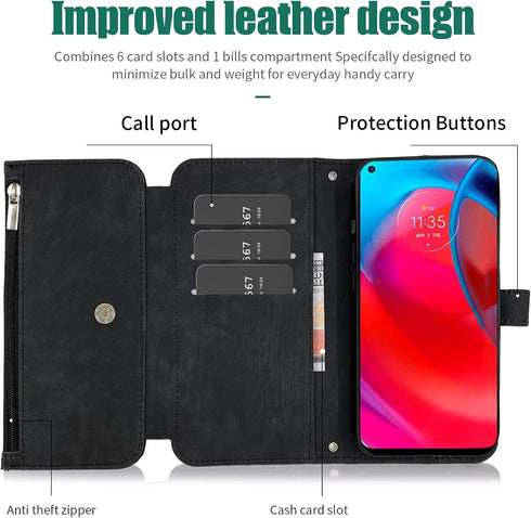 Furiet Compatible with Moto G Stylus 5G 2021 Wallet Case Flip Credit Card Holder Cell Folio Purse Lanyard Wrist Strap Rugged Slot Mobile Phone Cov...