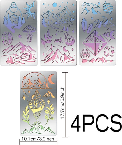 4 Pcs Metal Magic Mountains Stencils Reusable Metal Journal Stencil Moon Sun Pyrography Template for Wood Carving, Drawings and Woodburning, Engra...