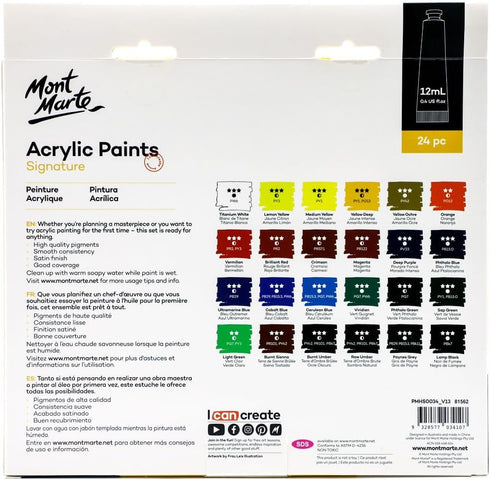 Mont Marte Acrylic Paint Set 24 Colours 12ml, Perfect for Canvas, Wood, Fabric, Leather, Cardboard, Paper, MDF and Crafts (24 Bright Colours 12 ML...