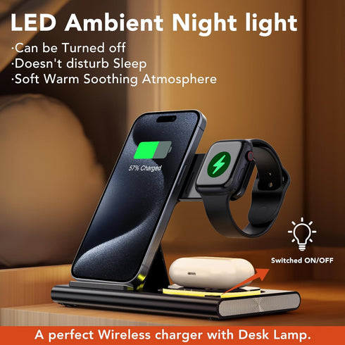 3 in 1 Foldable Charging Station for Apple Products,Fast Wireless Charger Travel Dock Adapter&Light for iPhone 15/14/13/12/11/X/XS/XR 8,iWatch Ult...