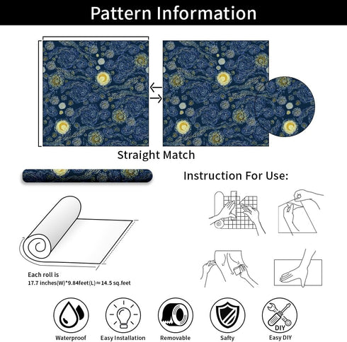 Modern Impressionist Art Peel and Stick Wallpaper, 17.71in X 118.1in Self Adhesive Removable WallPaper Abstract Starry Sky Contact Paper Waterproo...