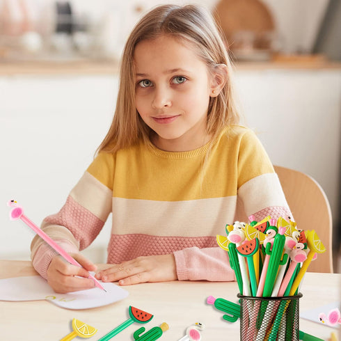 30Pcs Hawaiian Luau Ballpoint Pens, 0.5 mm Black Gel Ink Pen, Cute Flamingo Watermelon Cactus Lemon Fruit Pen for Kids Student and School Office S...